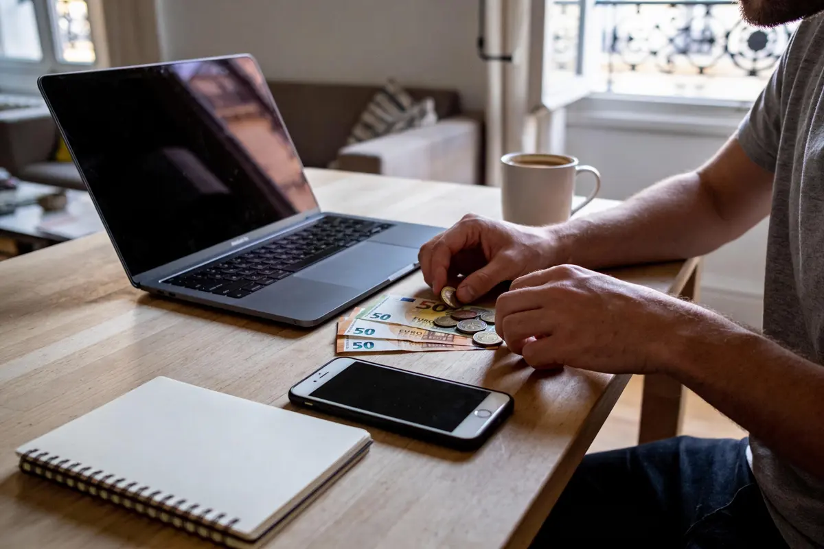 Personne comptant des billets et pièces d'euros sur table avec ordinateur portable, smartphone, carnet et tasse de café.