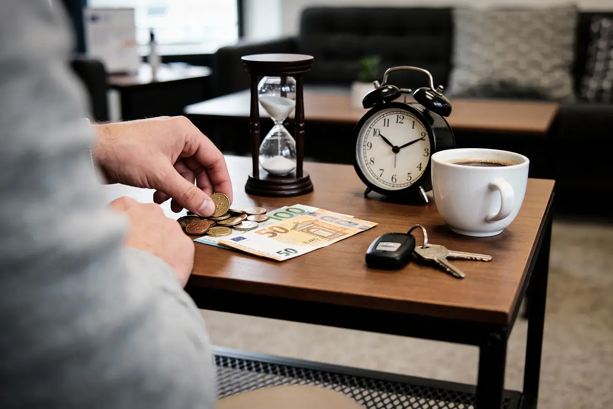 Main posant des pièces sur table avec billet, sablier, réveil, tasse café, clés voiture.
