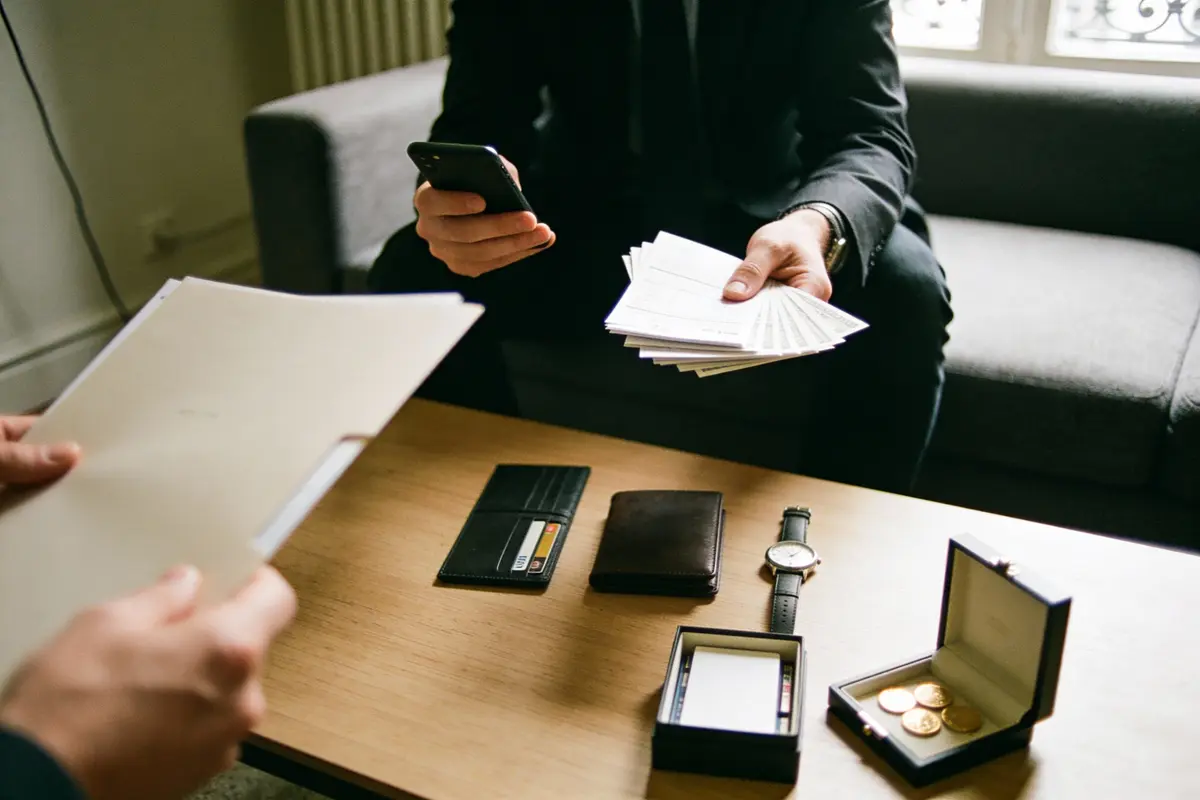 Deux personnes échangent des documents, téléphone, billets. Table avec portefeuille, montre, boîte avec pièces.