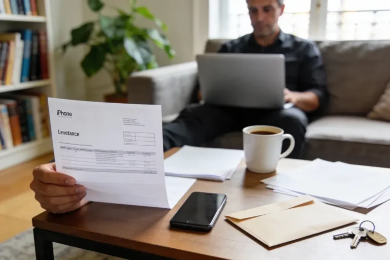 Personne lisant un document iPhone, avec cafetière, téléphone, enveloppe et clés sur table basse.