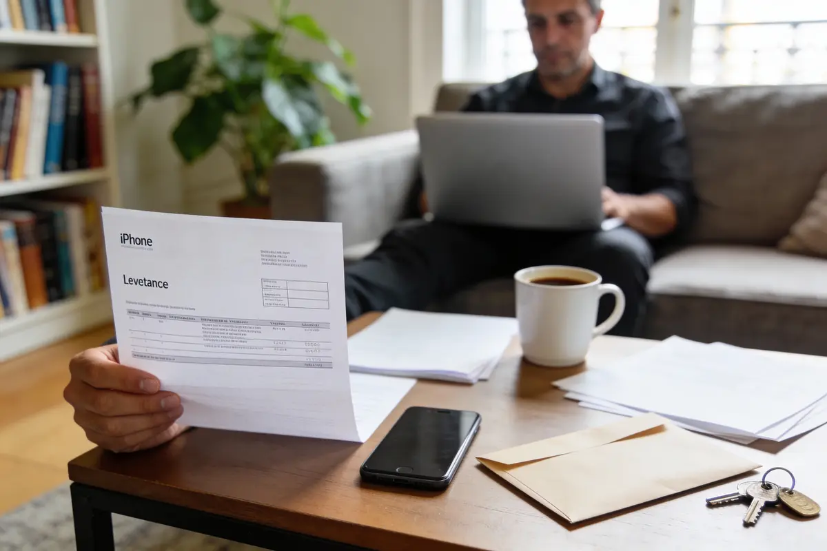 Personne lisant un document iPhone, avec cafetière, téléphone, enveloppe et clés sur table basse.