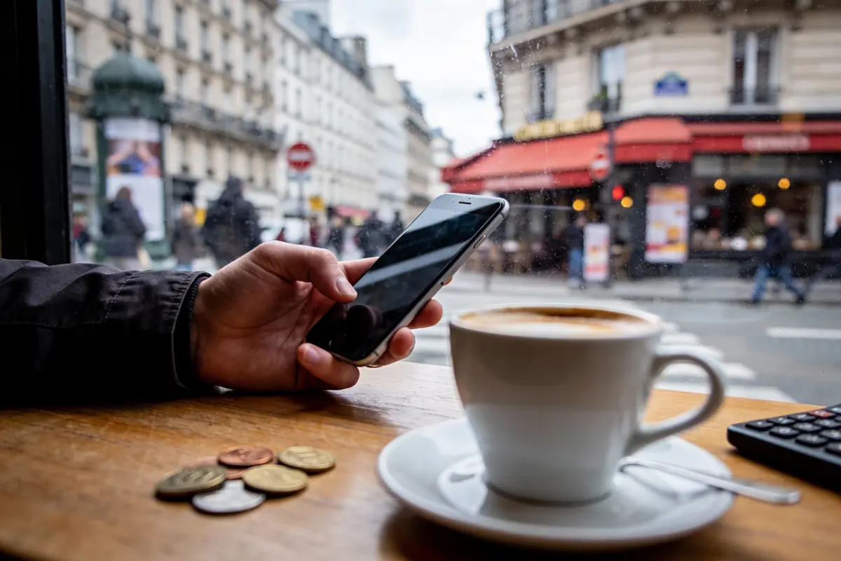 Personne tenant un smartphone dans un café parisien, avec des pièces et une tasse de café sur la table.