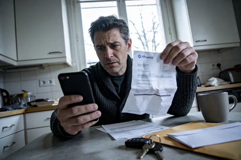 Homme préoccupé regardant son téléphone et une facture, assis dans une cuisine avec un café.