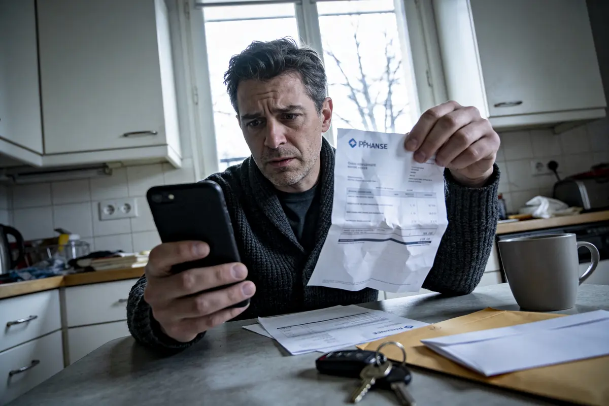 Homme préoccupé regardant son téléphone et une facture, assis dans une cuisine avec un café.