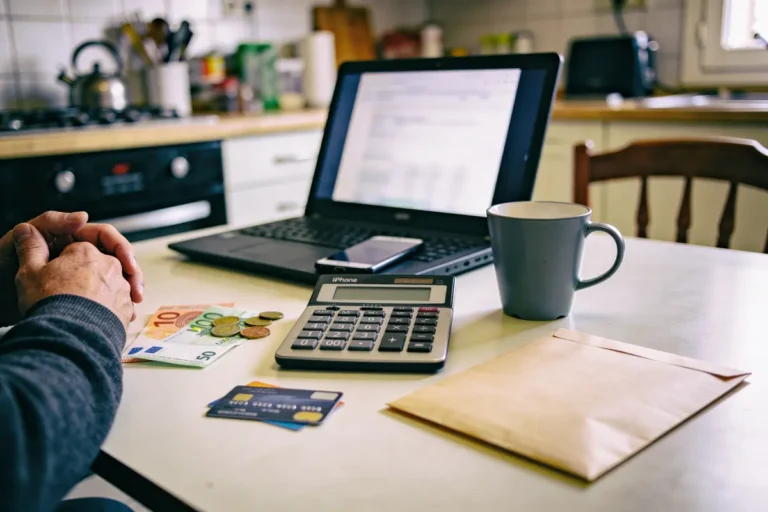 Une personne calcule des finances avec calculatrice, argent, cartes de crédit, ordinateur portable et tasse, dans une cuisine.