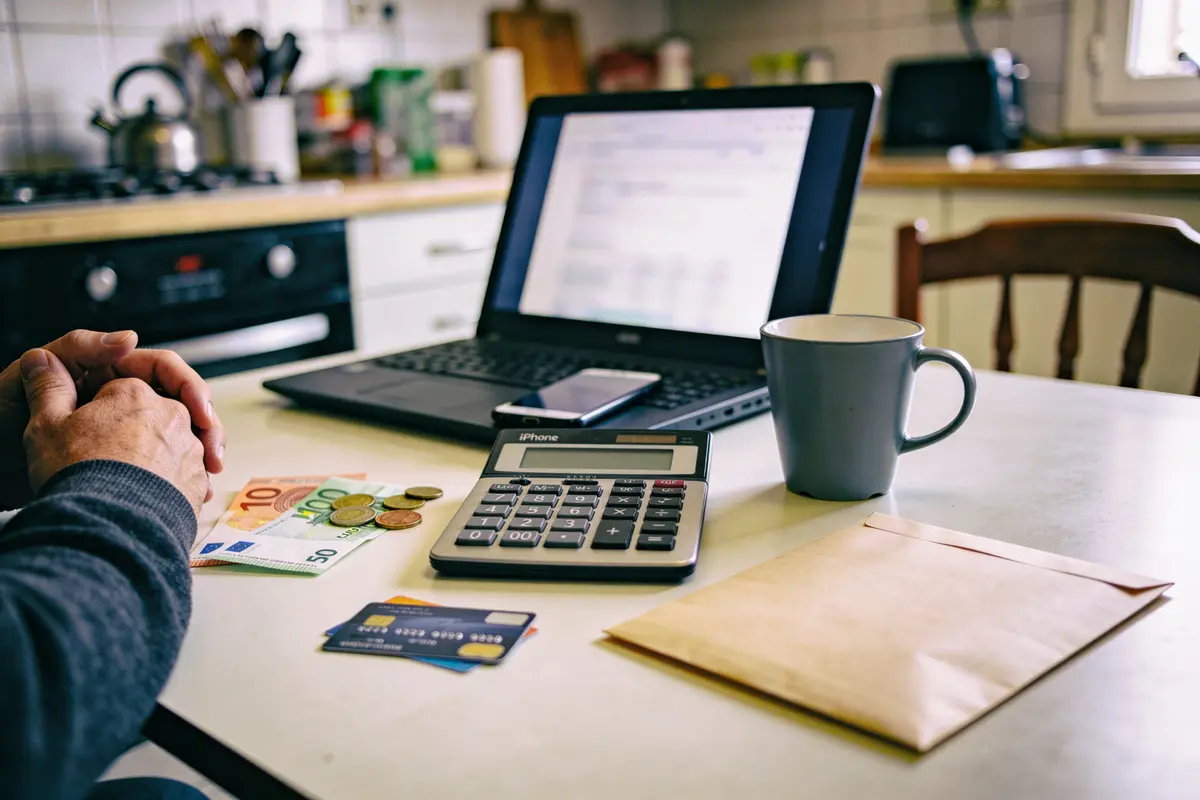 Une personne calcule des finances avec calculatrice, argent, cartes de crédit, ordinateur portable et tasse, dans une cuisine.
