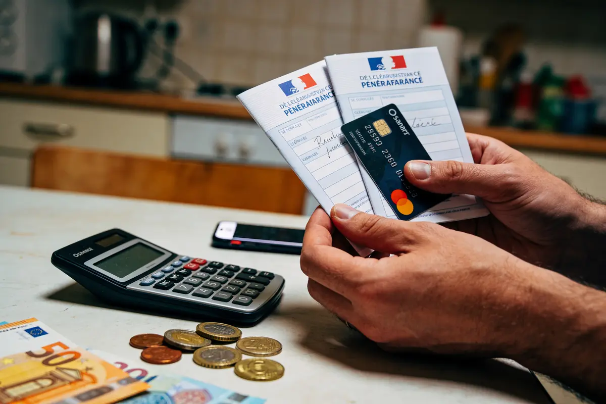 Homme tenant documents et carte bancaire, calculatrice, téléphone, argent liquide et pièces posés sur la table.