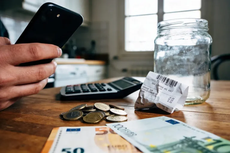 Main tenant téléphone, calculatrice, pièces et billets euros, reçu sur table en bois, pot en verre vide.