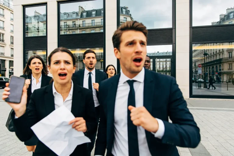 Groupe de personnes en costumes, expressions choquées, tenant téléphone et papier, devant bâtiment urbain.