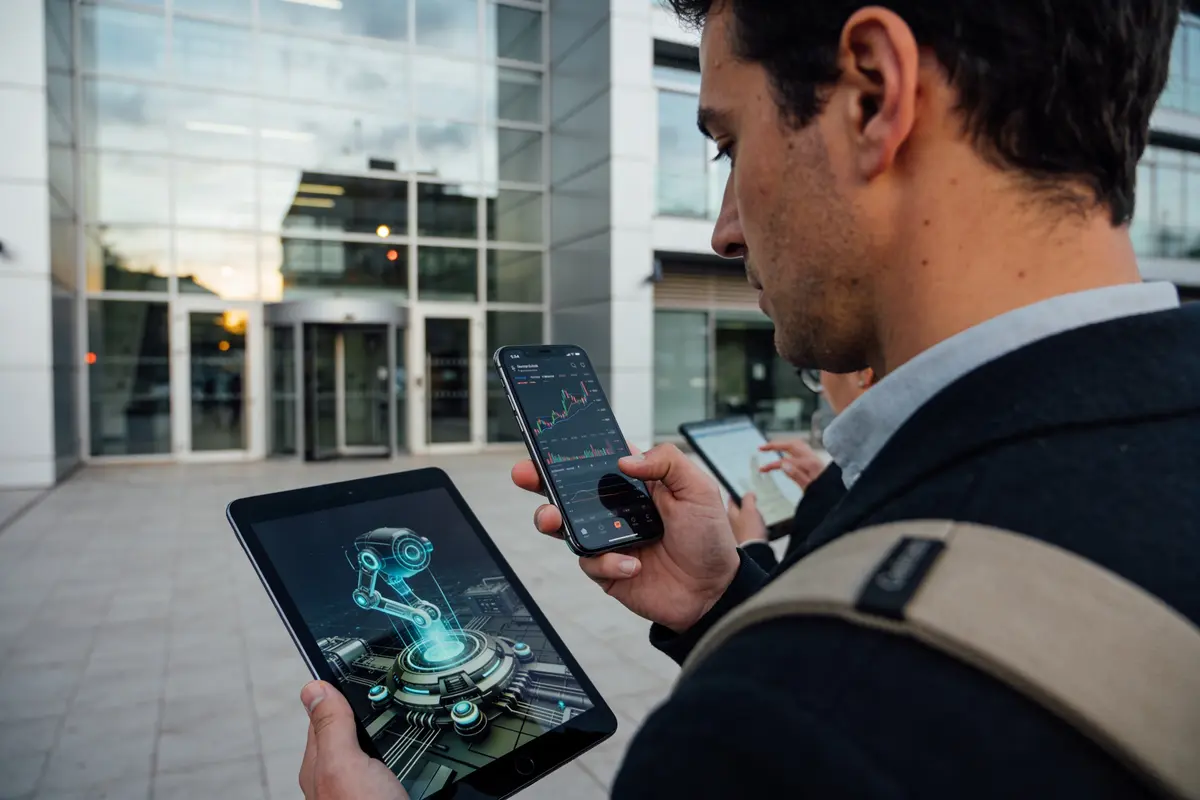 Un homme observe des graphiques financiers sur un smartphone et une tablette avec hologramme, devant un immeuble.