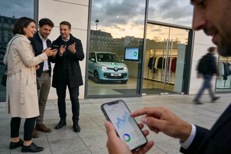Quatre personnes discutent joyeusement devant une vitrine, une voiture bleue visible à l'intérieur.