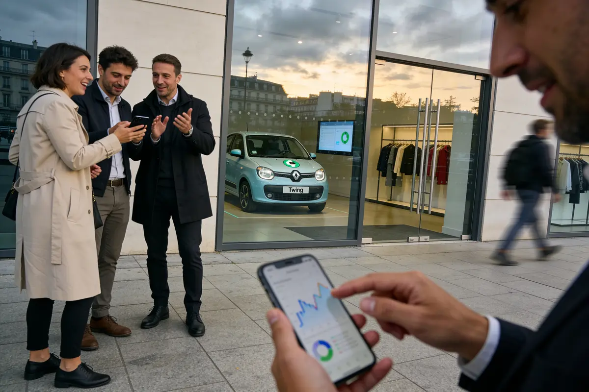 Quatre personnes discutent joyeusement devant une vitrine, une voiture bleue visible à l'intérieur.