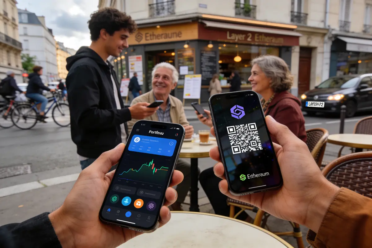 Personnes utilisant des smartphones pour transactions Ethereum, café extérieur, vélos en arrière-plan, ambiance urbaine animée.