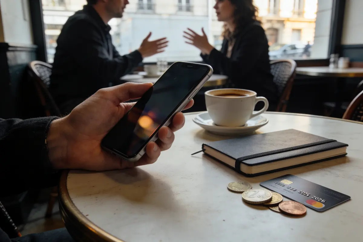 Main tenant un smartphone, café, carnet, carte bancaire et pièces sur table de café, deux personnes discutant en arrière-plan.