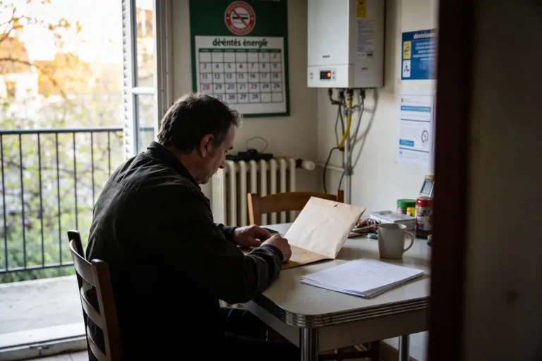 Homme assis à une table, consultant des documents, près d'une fenêtre ouverte, chaudière murale en arrière-plan.