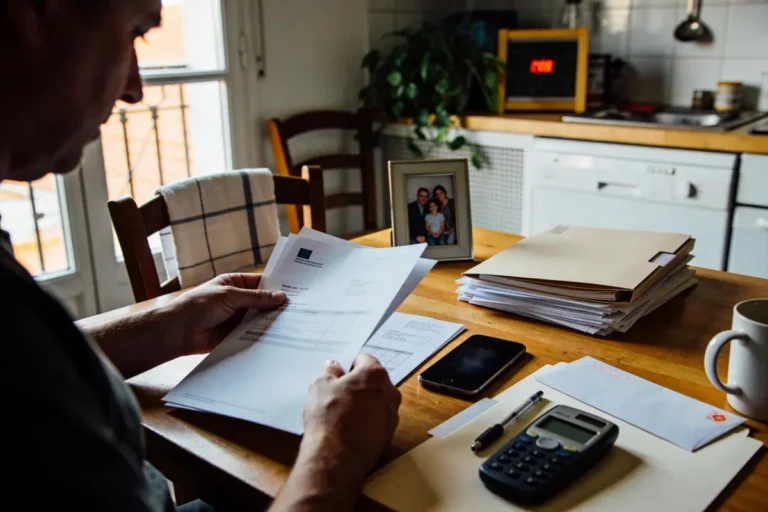 Homme lisant des documents à table, avec calculatrice, tasse et photo de famille en arrière-plan.