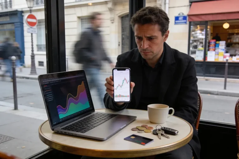 Homme au café suit graphiques financiers sur smartphone et ordinateur portable. Table avec monnaie, clés et carte.