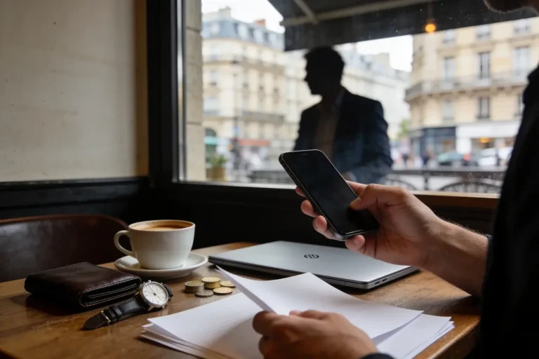 Personne utilisant un smartphone, avec tasse de café, documents, monnaie et ordinateur portable sur une table de café.