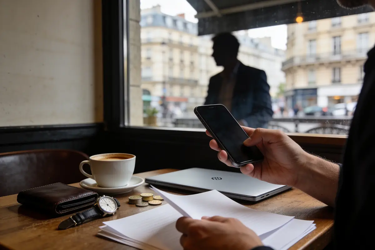 Personne utilisant un smartphone, avec tasse de café, documents, monnaie et ordinateur portable sur une table de café.