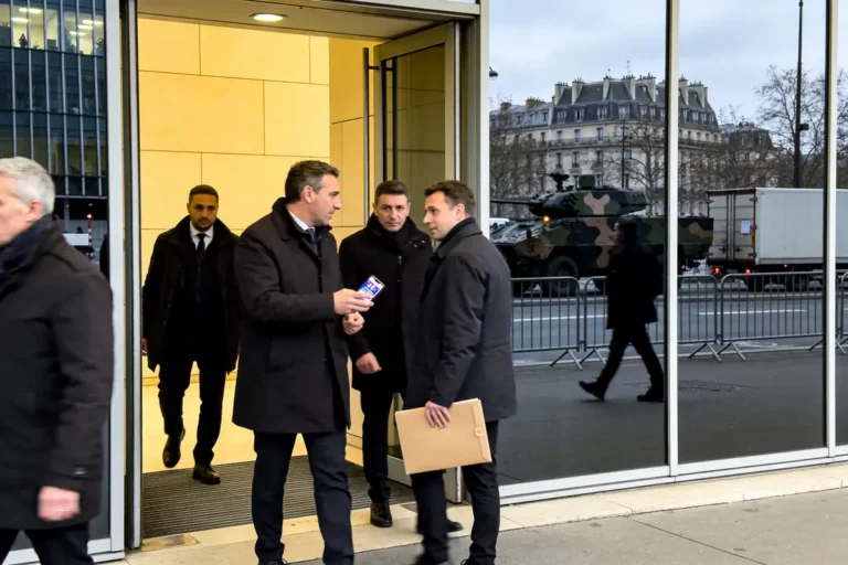 Quatre hommes discutent à l'extérieur d'un bâtiment moderne, véhicule militaire en arrière-plan.
