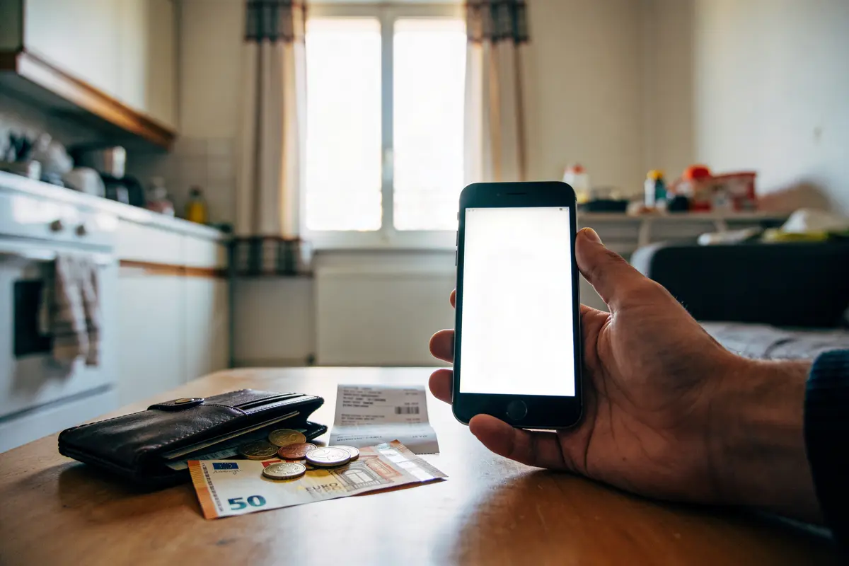 Personne tenant un smartphone à écran blanc, pièce lumineuse, portefeuille, billets et pièces sur table.