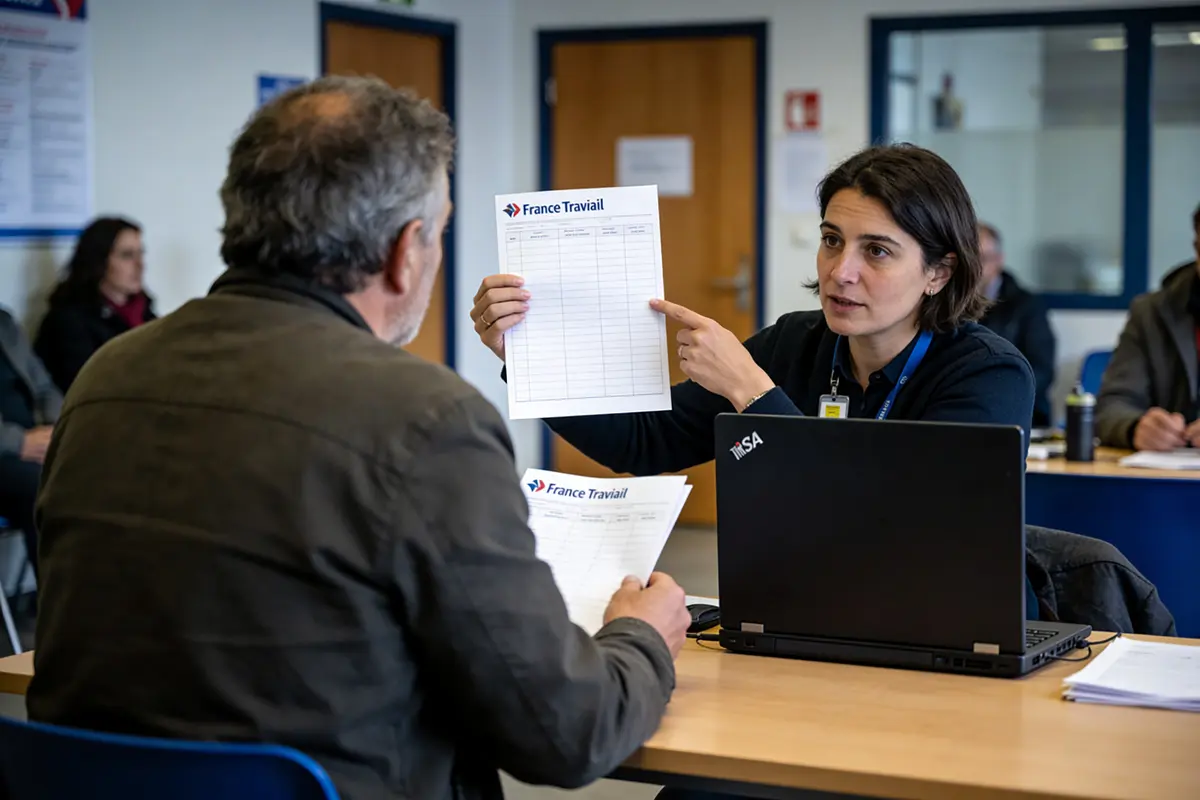 Conseillère discute avec un homme, document "France Travail" à la main, dans un bureau.