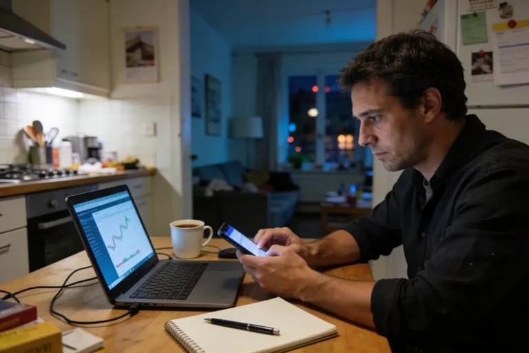 Homme utilisant smartphone, ordinateur portable avec graphique, café et carnet sur la table dans une cuisine éclairée.