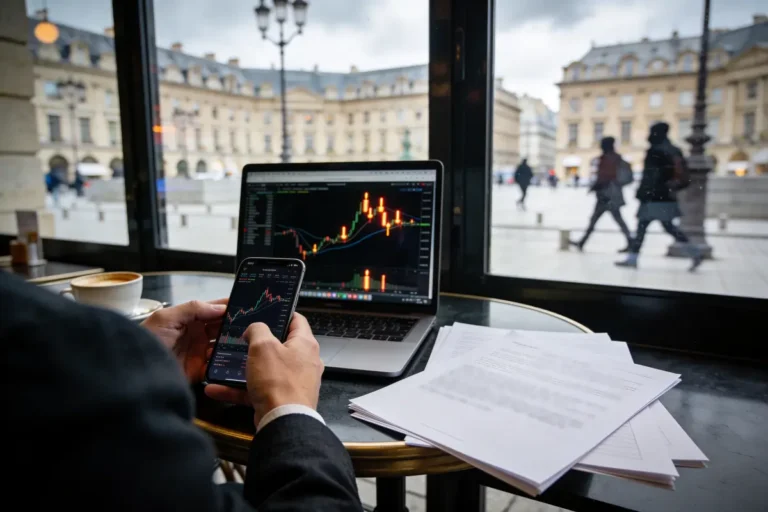 Une personne analyse des graphiques financiers sur un ordinateur portable et un smartphone dans un café.
