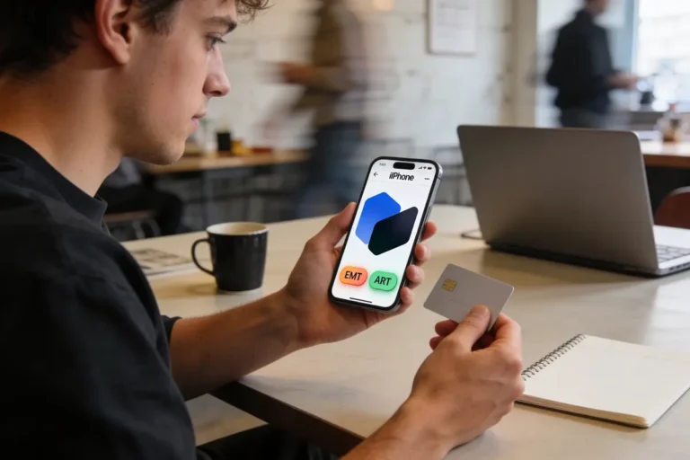 Jeune homme regardant un iPhone avec une carte, ordinateur portable et tasse en arrière-plan.