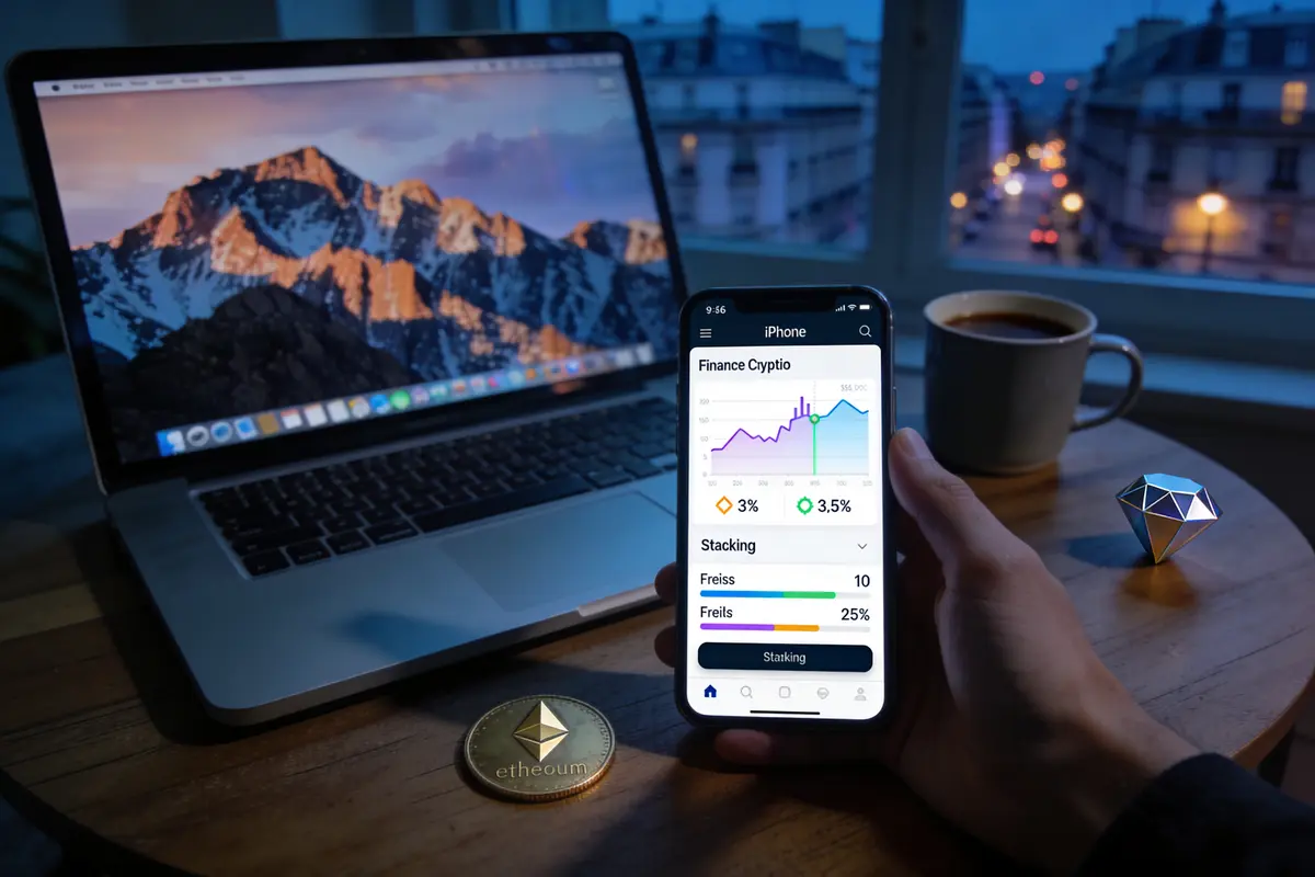 Personne utilisant smartphone avec application finance, ordinateur portable, pièce Ethereum, café à côté d'une fenêtre.