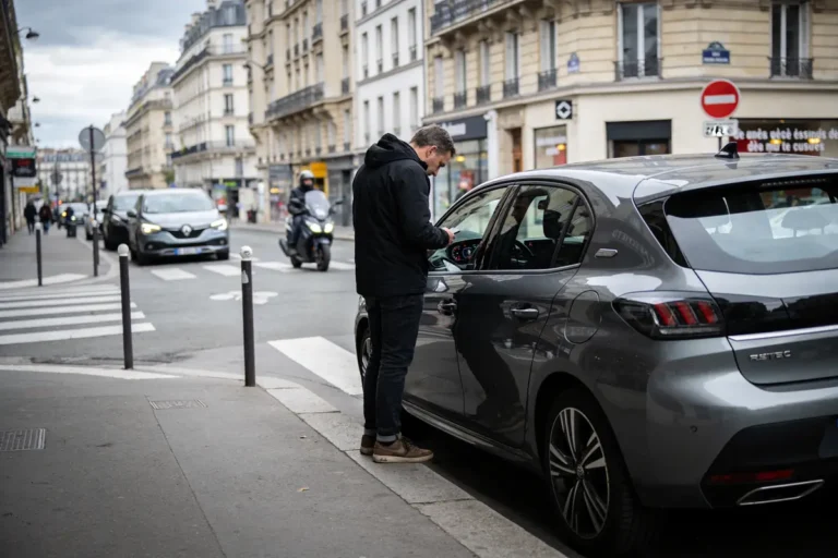 Homme avec téléphone près d'une voiture grise en stationnement, rue urbaine avec circulation et bâtiments résidentiels.