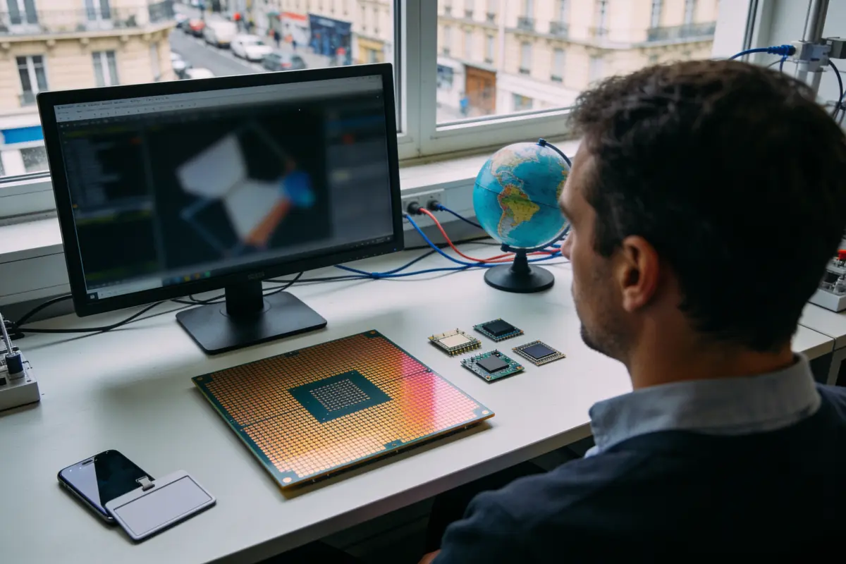 Un homme travaille devant un ordinateur, avec globe terrestre, processeurs, et smartphone sur le bureau.