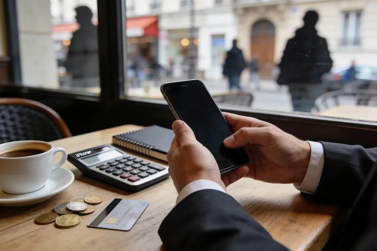 Personne utilisant smartphone, café, calculatrice, carnet, pièces et carte bancaire sur table de café avec vue extérieure.