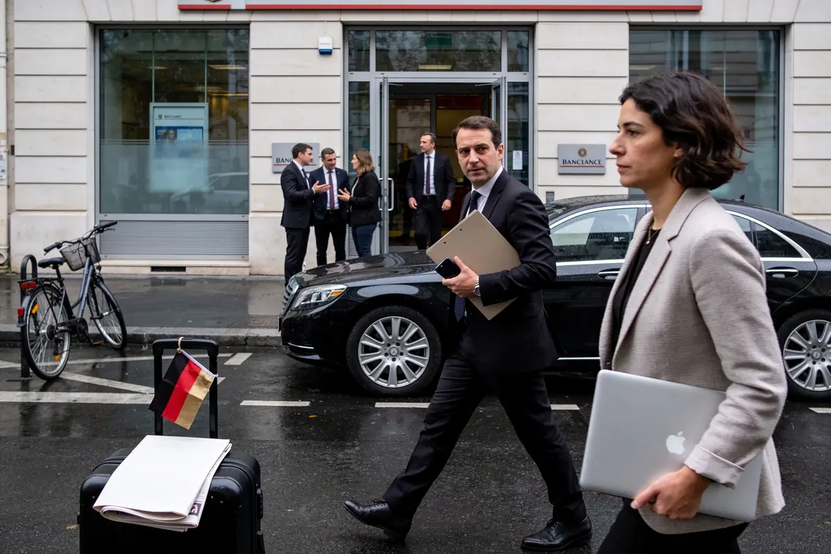 Deux personnes marchent sur un trottoir devant une banque, portant des ordinateurs portables.