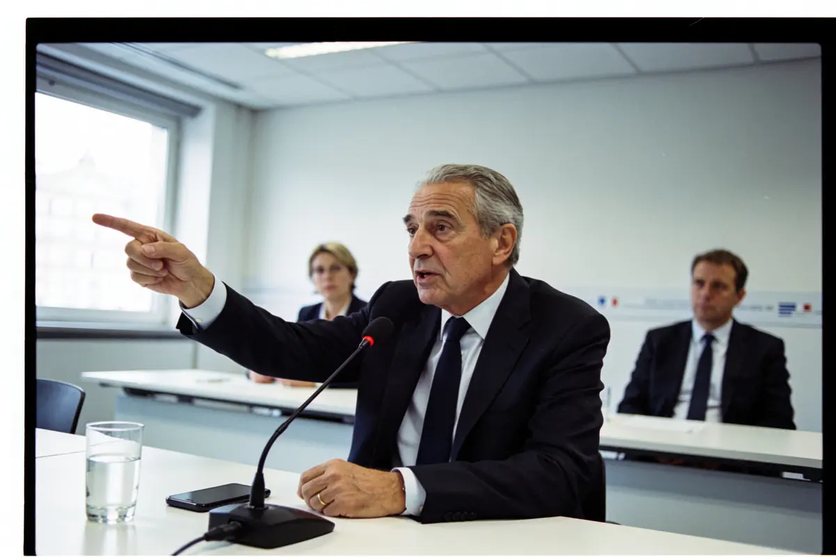Homme en costume pointant, parlant dans un micro, deux personnes en arrière-plan dans une salle de réunion.