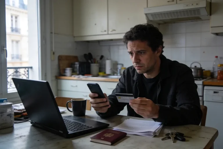 Homme concentré utilisant téléphone et carte bancaire, assis à table avec ordinateur portable dans une cuisine.