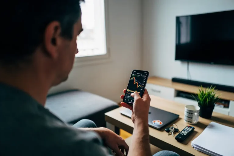 Homme consultant graphique boursier sur smartphone dans un salon, ordinateur, télécommande et tasse sur table.