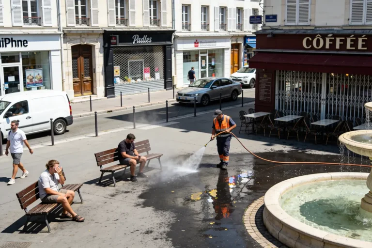 Homme nettoyant trottoir avec jet d'eau devant cafés, fontaine et piétons passant, journée ensoleillée.