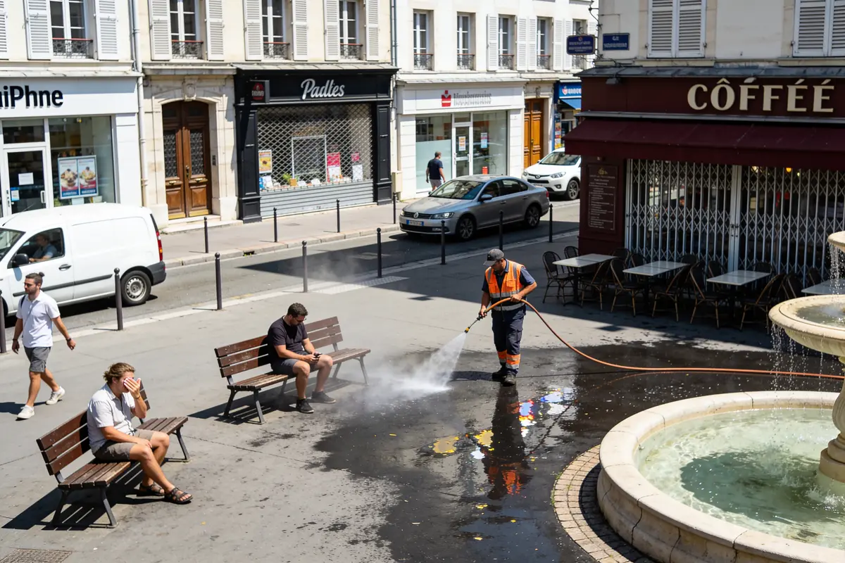 Homme nettoyant trottoir avec jet d'eau devant cafés, fontaine et piétons passant, journée ensoleillée.