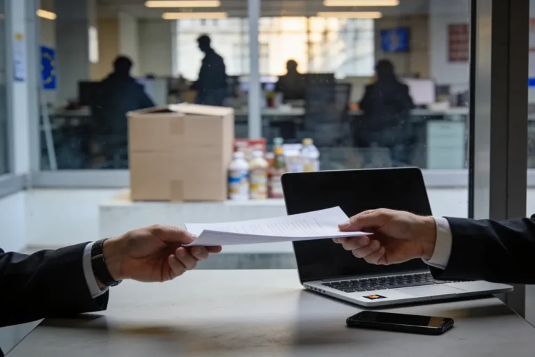 Deux personnes échangent un document devant un ordinateur portable, bureau en arrière-plan.