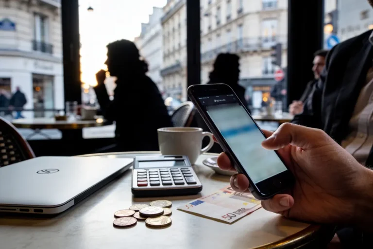 Personne utilisant un smartphone dans un café parisien, avec portable, calculatrice, café et euros sur table.