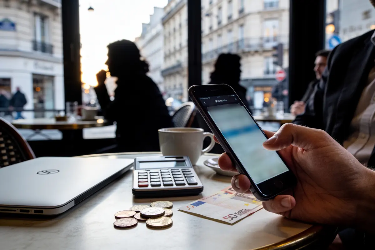 Personne utilisant un smartphone dans un café parisien, avec portable, calculatrice, café et euros sur table.