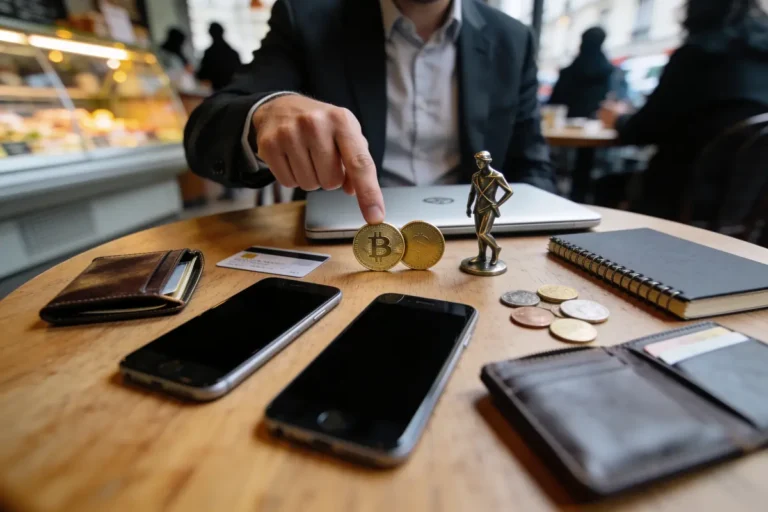 Homme pointant Bitcoin sur table avec smartphones, portefeuille, cahier, ordinateurs portables et statue dans café.