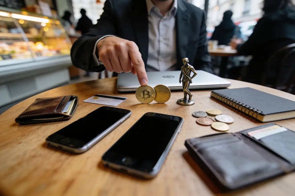 Homme pointant Bitcoin sur table avec smartphones, portefeuille, cahier, ordinateurs portables et statue dans café.