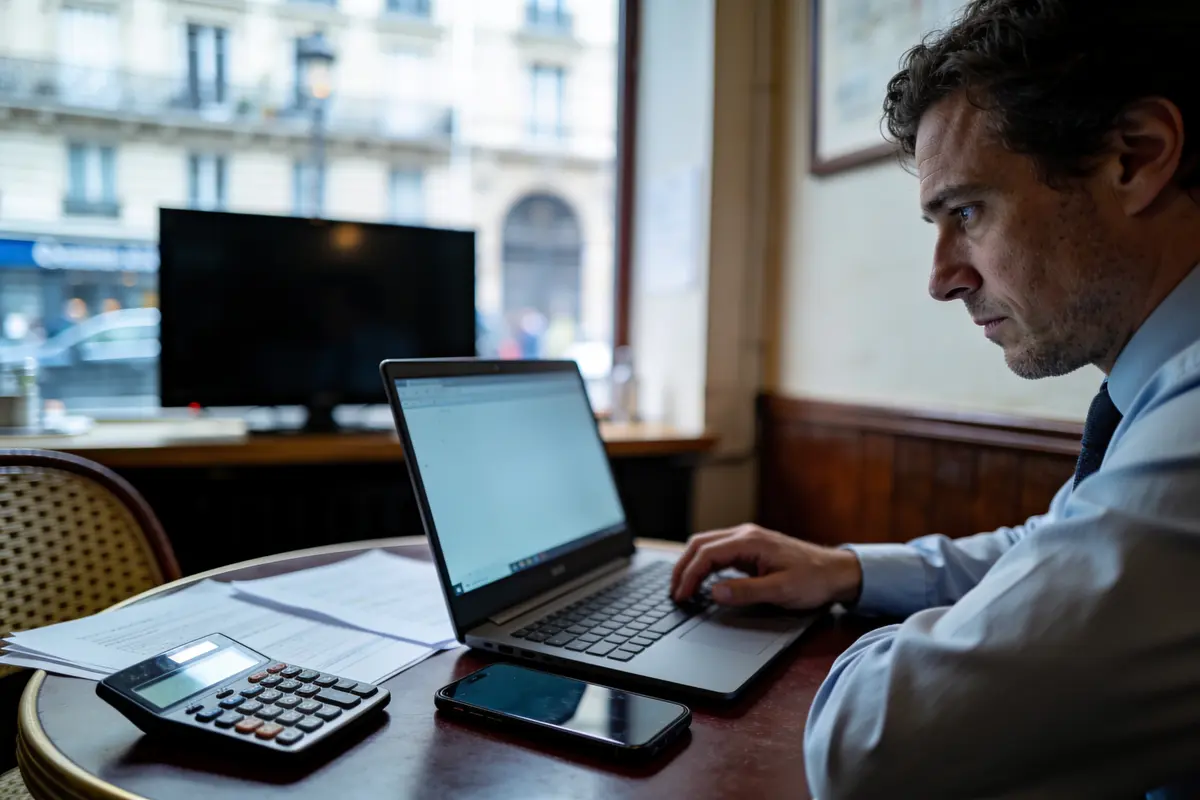 Homme concentré travaillant sur ordinateur portable, calculatrice et téléphone sur table, arrière-plan urbain flou.