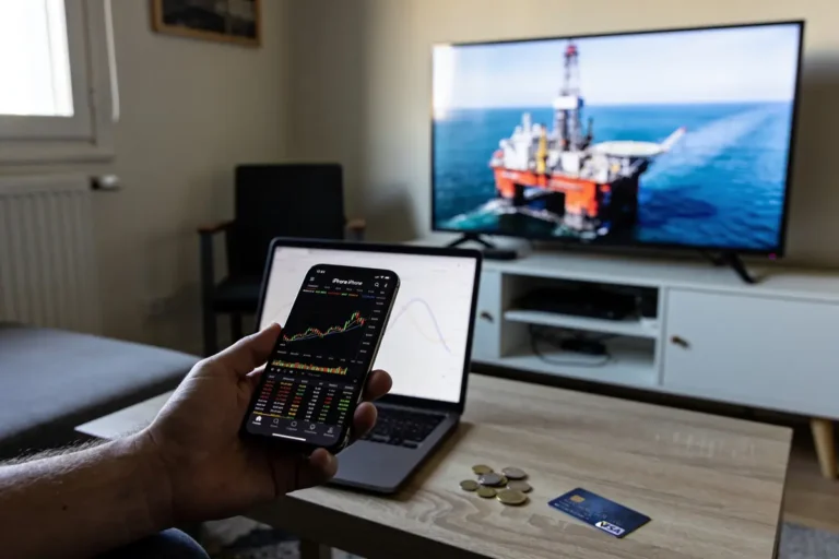 Personne utilisant un smartphone avec graphique boursier, TV affichant plateforme pétrolière, ordinateur portable, pièces et carte bancaire.