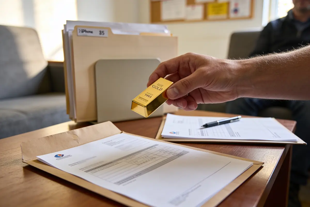 Main tenant un lingot d'or au-dessus de documents sur table en bois.