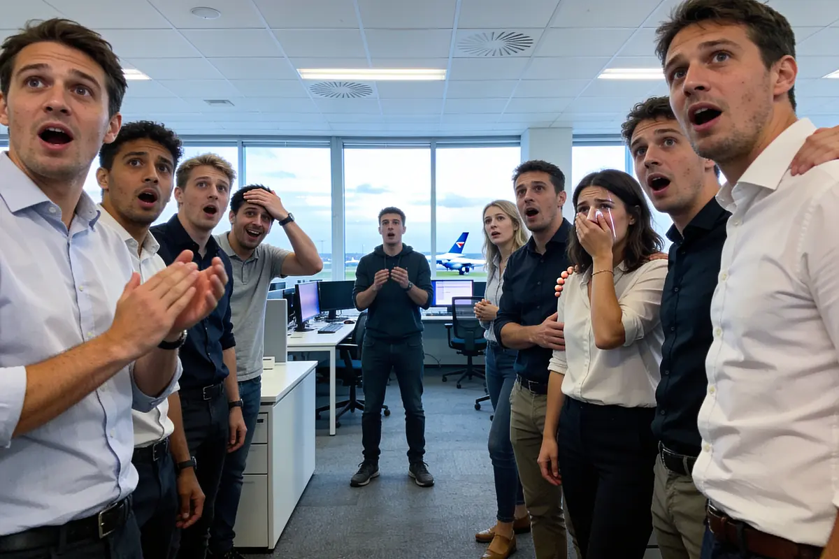 Groupe de personnes surpris dans un bureau moderne avec vue sur l'extérieur, réagissant à un événement inattendu.