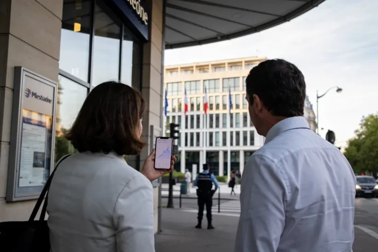 Deux personnes regardant un graphique sur un smartphone, près d'un bâtiment gouvernemental, policier au loin.