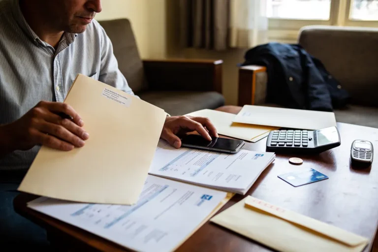 Homme gérant des documents administratifs sur une table avec calculatrice, téléphone et carte bancaire.